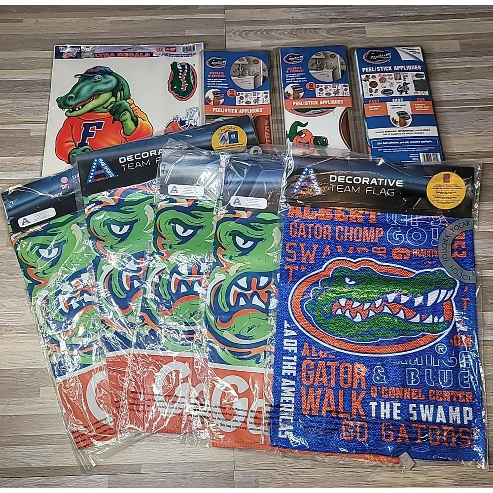 HUGE LOT of Florida Gators Decor! 5 Team Flags, 4‎ Sets of Wall Decals ALL NEW